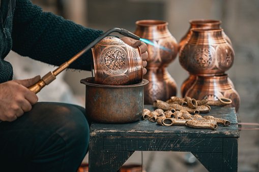 Historical Coppersmith Bazaar at Gaziantep city, Crafting copper goods by artisans in the bazaar