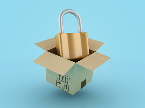 3D Padlock with Cardboard Boxes - Colored Background - 3D Rendering