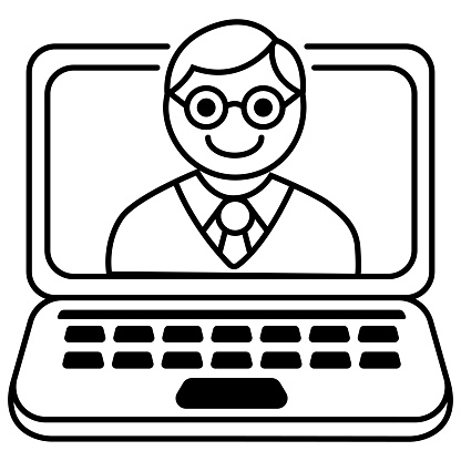 A modern, sleek vector icon depicting a laptop with a man appearing on the screen, perfect for representing video conferencing, online meetings, and remote work.  Available in black and white for maximum versatility.