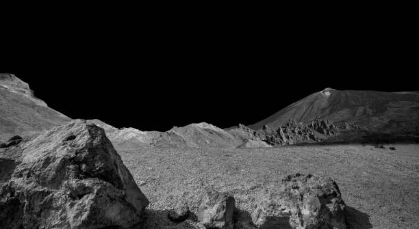 istock Moon background landscape with desert, stone and black sky 2127489930