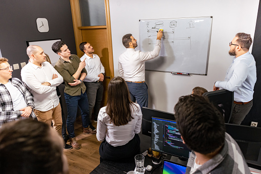 Group of male and female Caucasian computer programmers, having an meeting during team building