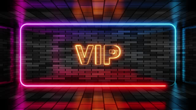 Neon sign vip in speech bubble frame on brick wall background 3d render. Light banner on the wall background. Vip loop private and luxury status, design template, night neon signboard