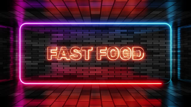 Neon sign fast food in speech bubble frame on brick wall background 3d render. Light banner on the wall background. Fast food loop junk food, design template, night neon signboard