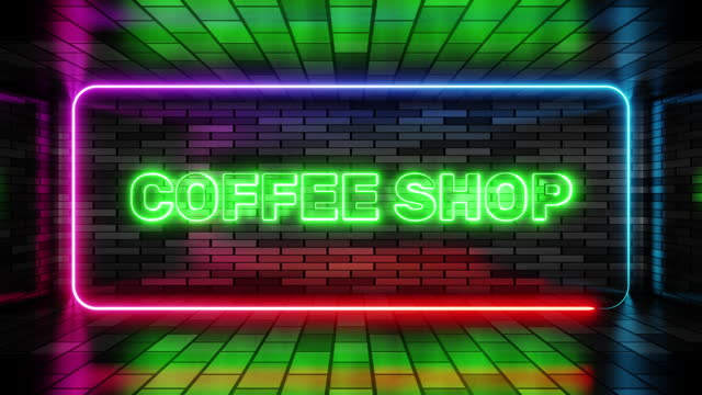 Neon sign coffee shop in speech bubble frame on brick wall background 3d render. Light banner on the wall background. Coffee shop loop espresso barista, design template, night neon signboard