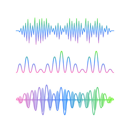 Sound Wave Symbols Represent Music, Audio, And Waveform In Various Contexts Like Music Players, Radio, Or Digital Technology, Conveying Frequency, Volume, And Pulse Visually. Vector Illustration