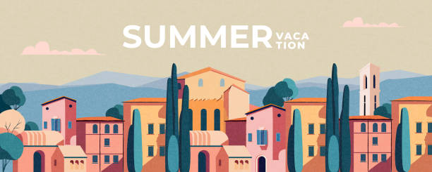 Summer nature landscape poster, web banner, cover, card with old summer town, mountains in the distance, clear sky and typography design. Summer holidays, vacation travel in Europe illustration.