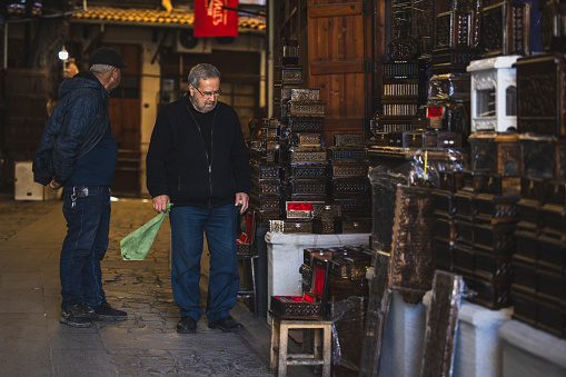 Gaziantep, Turkey-March,30: Historical Coppersmith Bazaar at Gaziantep city, Crafting copper goods by artisans in the bazaar