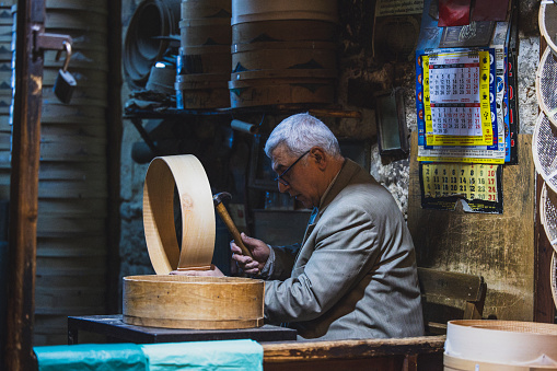 Gaziantep, Turkey-March,30: Historical Coppersmith Bazaar at Gaziantep city, Crafting copper goods by artisans in the bazaar