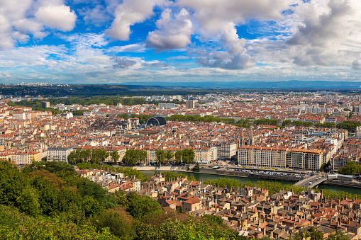 Panoramic view of Lyon, France in a beautiful summer day