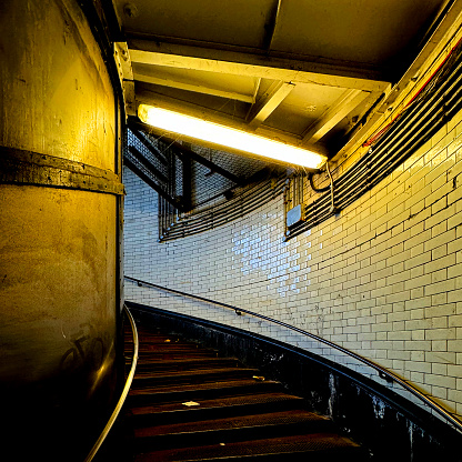 Stair case at the Woolwich Foot Tunnel, an old Victorian tunnel under the Thames. Woolwich, London, April 2024