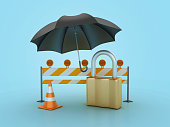 3D Padlock with Umbrella and Barricade