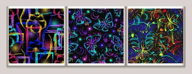 Vector illustration of Seamless fantasy pattern with tropical foliage, flowers, butterfly, splash of paint. Virtual surreal nature. Bright glowing fluorescent neon colors. Outline, contour illustrations.