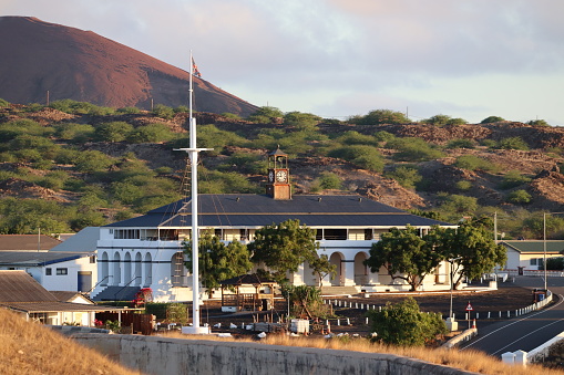 Evening picture of the former Marines Barracks and Exiles Building in the British Overseas Territory of Ascension Island in the South Atlantic. Building dates back to 1836.