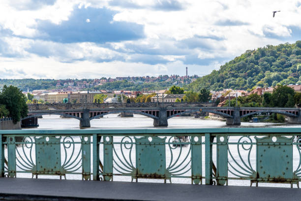 Multiple bridges over the Vltava River with Prague's historic architecture in the backdrop