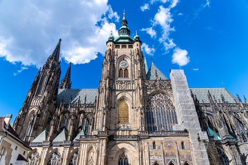 Majestic St. Vitus Cathedral rises in Prague Castle, a symbol of Gothic art and architecture