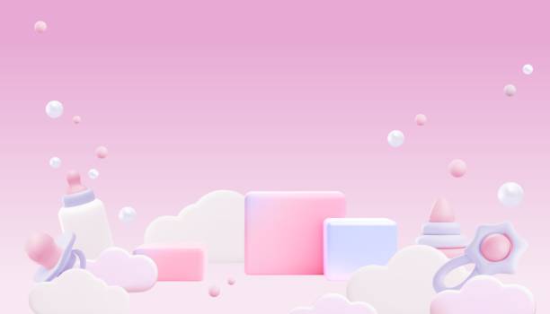 istock Horizontal poster with children's toys on a pink background. 2127619970