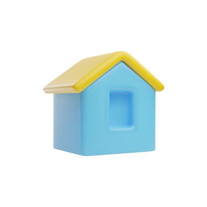Simple blue and yellow vector illustration of a baby's toy house with a welcoming open window.