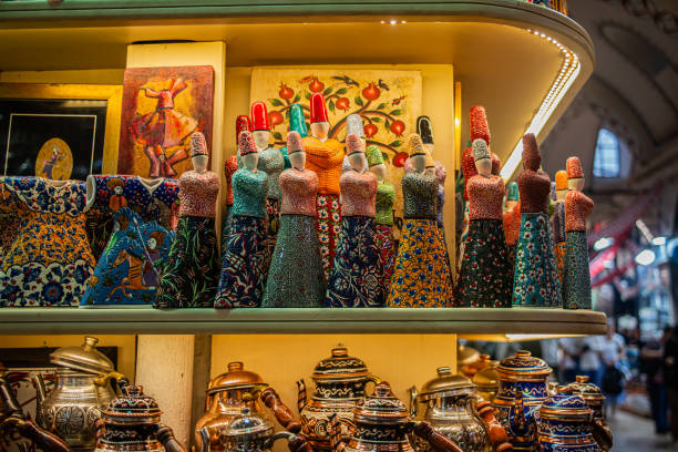 A unique Mevlana doll in the bazaar, a cultural masterpiece capturing the spiritual essence of the whirling dervish, handmade with textile craftsmanship, offering a symbolic and iconic souvenir.