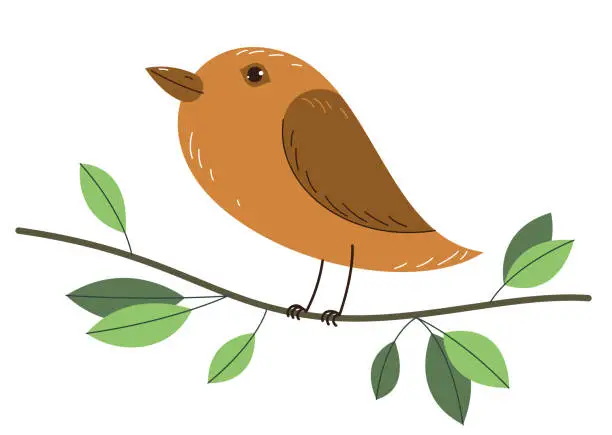 Vector illustration of Small cute bird on a branch surrounded by leaves vector flat style illustration isolated on white background, beauty of nature concept.