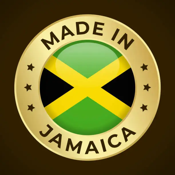 Vector illustration of Made in Jamaica - Vector Graphics. Round Golden Label Badge Emblem with Flag of Jamaica and Text Made in Jamaica. Isolated on Dark Background