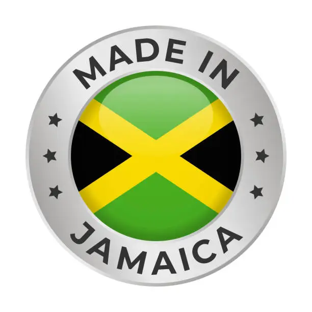 Vector illustration of Made in Jamaica - Vector Graphics. Round Silver Label Badge Emblem with Flag of Jamaica and Text Made in Jamaica. Isolated on White Background