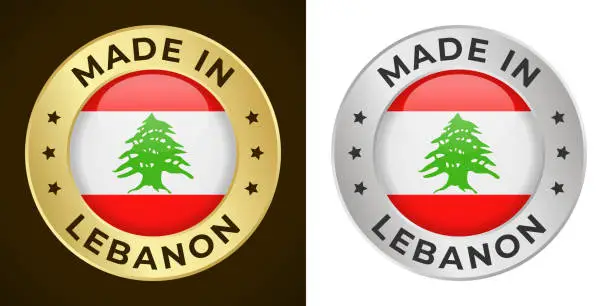 Vector illustration of Made in Lebanon - Vector Graphics. Round Golden and Silver Label Badge Emblem Set with Flag of Lebanon and Text Made in Lebanon. Isolated on White and Dark Backgrounds