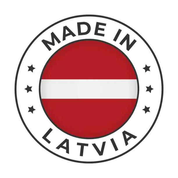 Vector illustration of Made in Latvia - Vector Graphics. Round Simple Label Badge Emblem with Flag of Latvia and Text Made in Latvia. Isolated on White Background