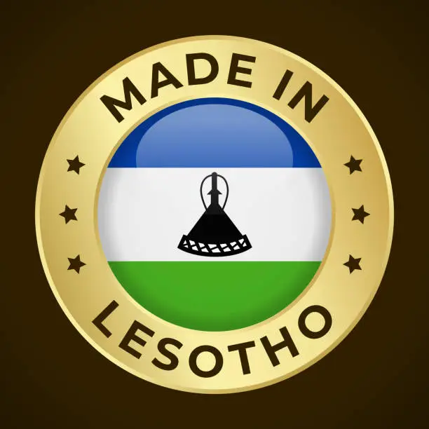 Vector illustration of Made in Lesotho - Vector Graphics. Round Golden Label Badge Emblem with Flag of Lesotho and Text Made in Lesotho. Isolated on Dark Background