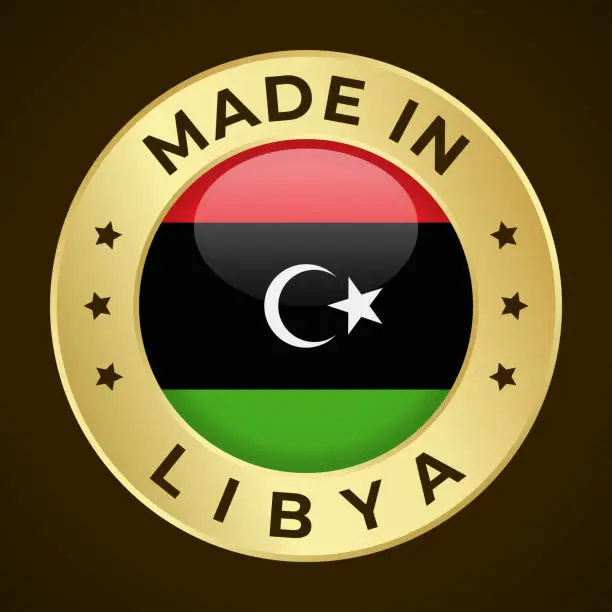 Vector illustration of Made in Libya - Vector Graphics. Round Golden Label Badge Emblem with Flag of Libya and Text Made in Libya. Isolated on Dark Background