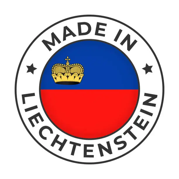 Vector illustration of Made in Liechtenstein - Vector Graphics. Round Simple Label Badge Emblem with Flag of Liechtenstein and Text Made in Liechtenstein. Isolated on White Background