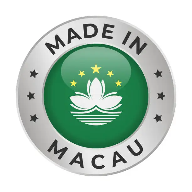 Vector illustration of Made in Macau - Vector Graphics. Round Silver Label Badge Emblem with Flag of Macau and Text Made in Macau. Isolated on White Background