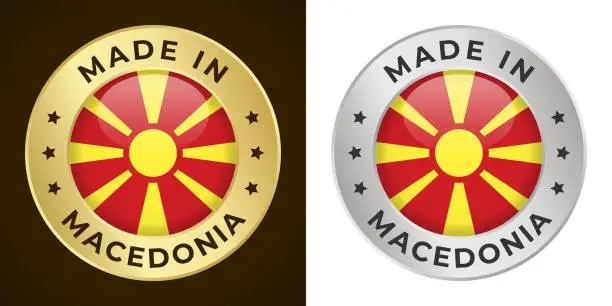 Vector illustration of Made in Macedonia - Vector Graphics. Round Golden and Silver Label Badge Emblem Set with Flag of Macedonia and Text Made in Macedonia. Isolated on White and Dark Backgrounds