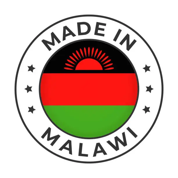 Vector illustration of Made in Malawi - Vector Graphics. Round Simple Label Badge Emblem with Flag of Malawi and Text Made in Malawi. Isolated on White Background