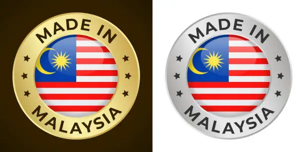 Vector illustration of Made in Malaysia - Vector Graphics. Round Golden and Silver Label Badge Emblem Set with Flag of Malaysia and Text Made in Malaysia. Isolated on White and Dark Backgrounds