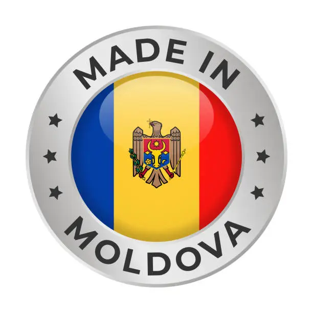 Vector illustration of Made in Moldova - Vector Graphics. Round Silver Label Badge Emblem with Flag of Moldova and Text Made in Moldova. Isolated on White Background