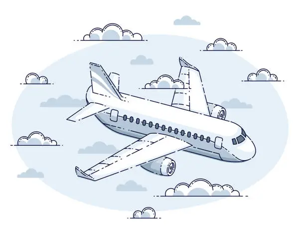 Vector illustration of Plane passenger airliner flying in the sky surrounded by clouds, beautiful thin line vector isolated over white background.