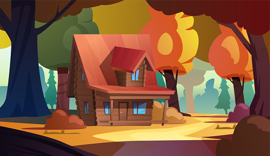 Autumn-themed vector illustration of a wooden cabin surrounded by colorful trees, perfect for seasonal game settings or story backgrounds.