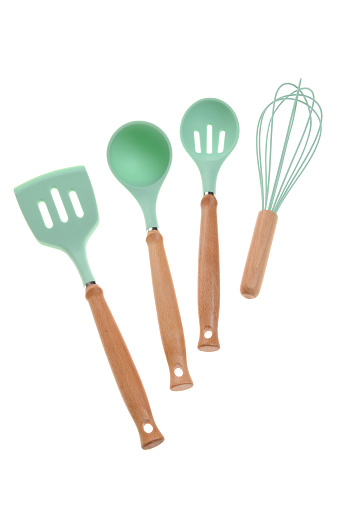 The Cooking utensil set. Silicone kitchen tools with wooden handle.