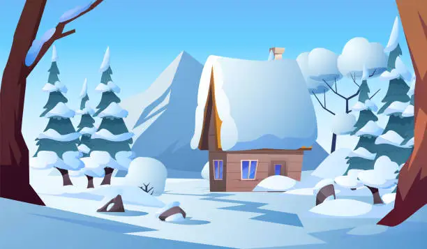 Vector illustration of Snowy forest landscape with a charming wooden house.