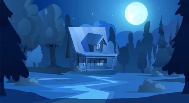 Vector illustration of Night forest scene with a rustic wooden house under the starry sky and moon.