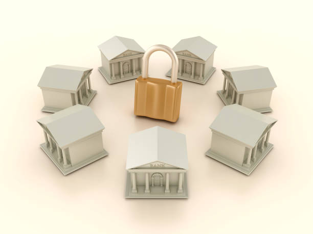 istock 3D Padlock with bank Buildings 2127630848