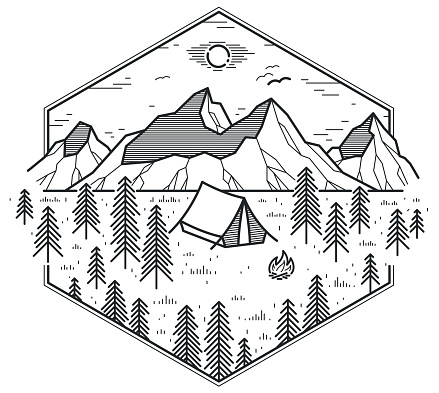 Camping tent in mountains range and pine forest vector linear emblem isolated on white, holidays and vacations in woods line art, design wanderlust logo.