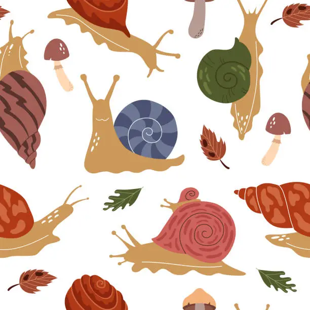 Vector illustration of Seamless pattern of snails, leaves and mushrooms. Cute characters on white background. Beautiful trendy background for packaging, fabric, wallpaper.