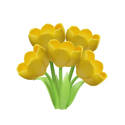 Festive icon of a 3D bouquet of yellow tulips with green leaves and stems on a white background. Vector illustration, perfect for spring decor and invitations.