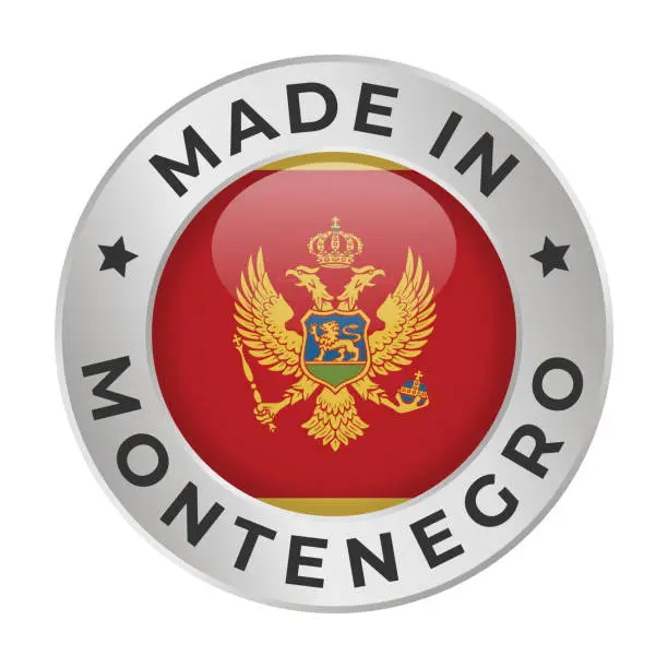 Vector illustration of Made in Montenegro - Vector Graphics. Round Silver Label Badge Emblem with Flag of Montenegro and Text Made in Montenegro. Isolated on White Background