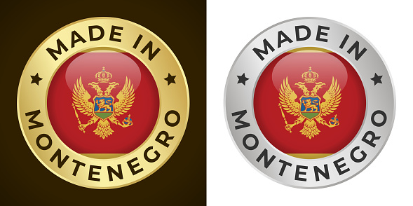 Made in Montenegro - Vector Graphics. Round Golden and Silver Label Badge Emblem Set with Flag of Montenegro and Text Made in Montenegro. Isolated on White and Dark Backgrounds