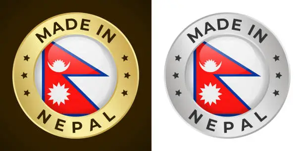 Vector illustration of Made in Nepal - Vector Graphics. Round Golden and Silver Label Badge Emblem Set with Flag of Nepal and Text Made in Nepal. Isolated on White and Dark Backgrounds