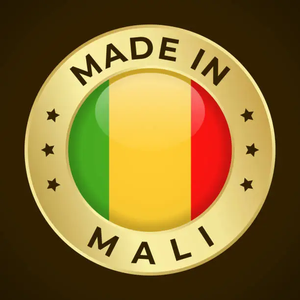 Vector illustration of Made in Mali - Vector Graphics. Round Golden Label Badge Emblem with Flag of Mali and Text Made in Mali. Isolated on Dark Background