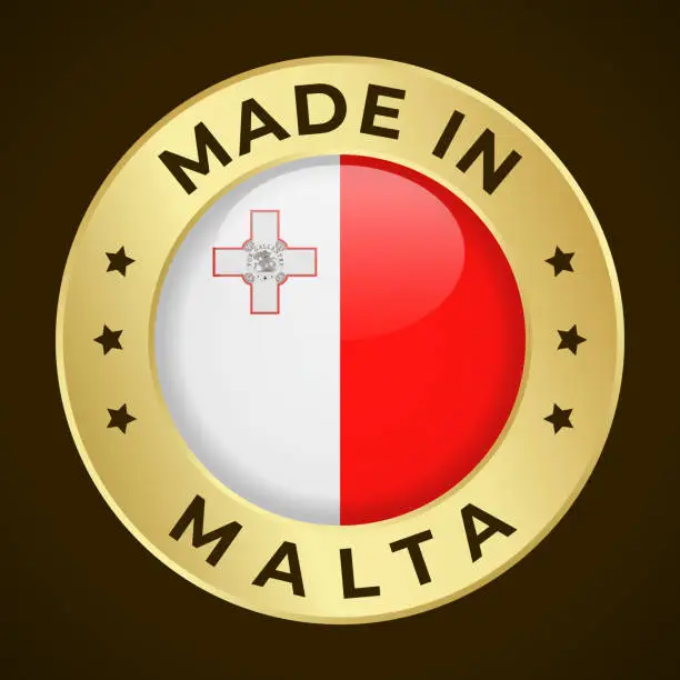 Vector illustration of Made in Malta - Vector Graphics. Round Golden Label Badge Emblem with Flag of Malta and Text Made in Malta. Isolated on Dark Background