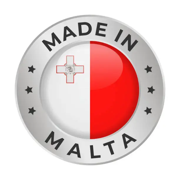 Vector illustration of Made in Malta - Vector Graphics. Round Silver Label Badge Emblem with Flag of Malta and Text Made in Malta. Isolated on White Background
